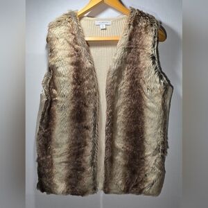Faux Fur Vest in Brown and Tan XL Liz Claiborne Knit Back Warm Cozy Classy